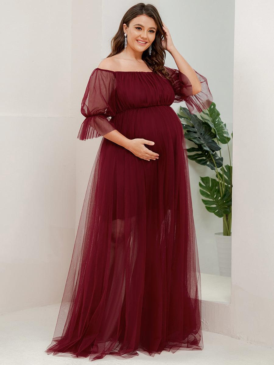 Maxi robe de maternité en tulle plissé à épaules dénudées #Couleur_Bordeaux