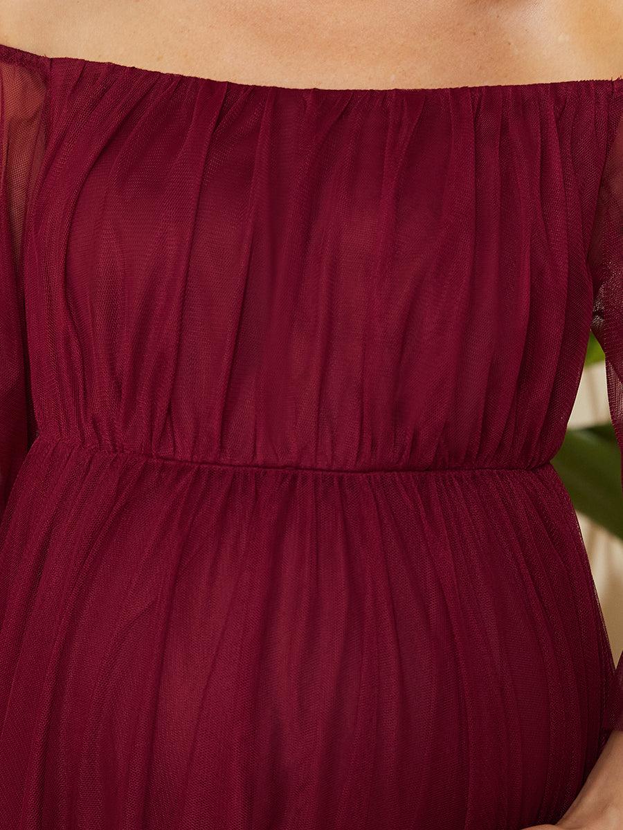 Maxi robe de maternité en tulle plissé à épaules dénudées #Couleur_Bordeaux