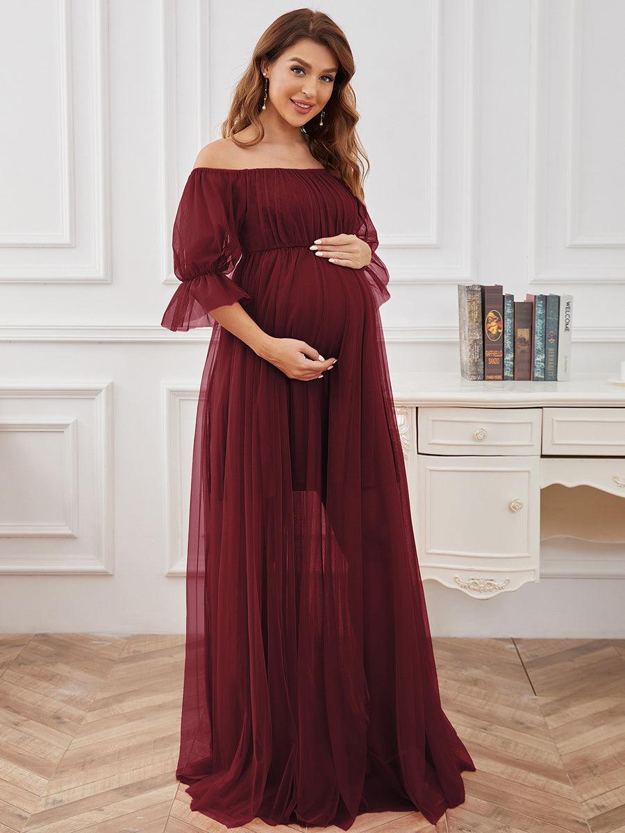 Maxi robe de maternité en tulle plissé à épaules dénudées #Couleur_Bordeaux