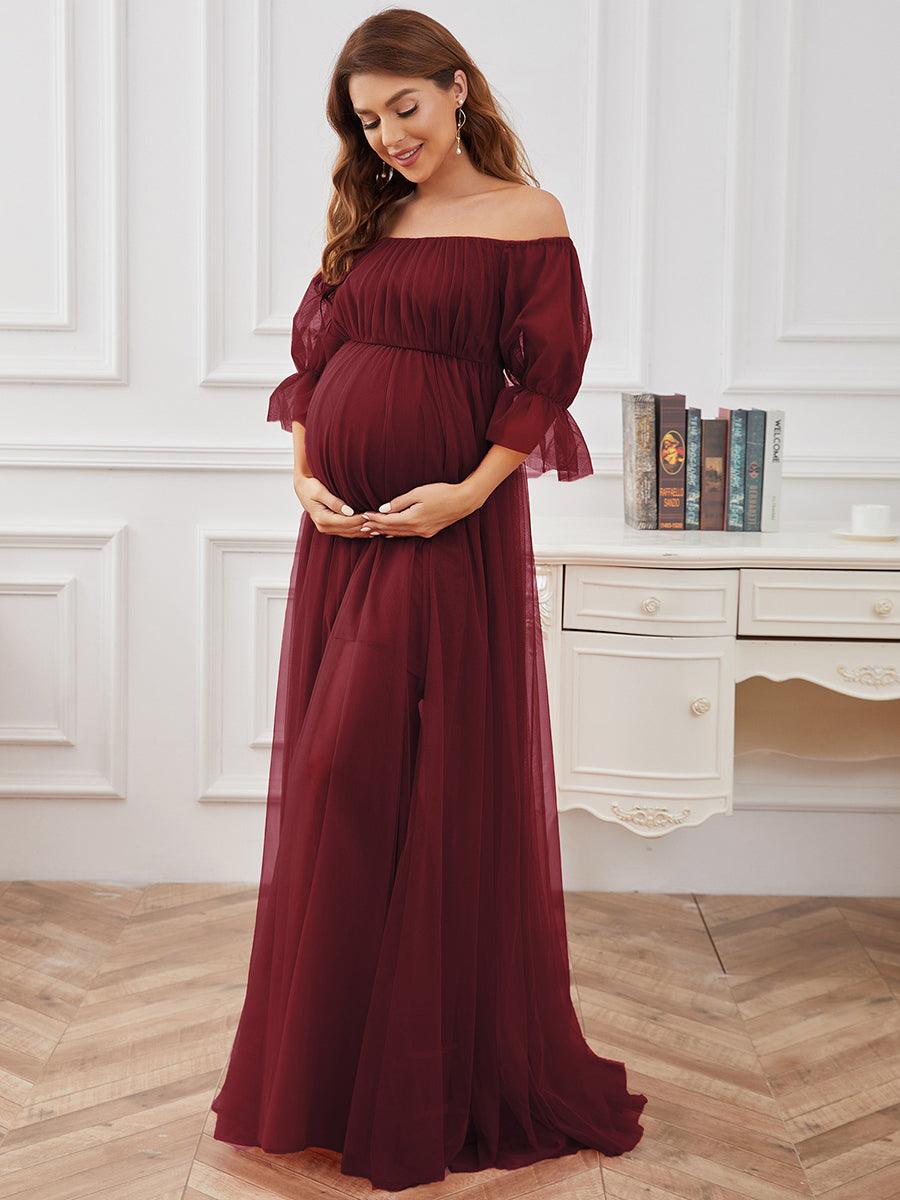 Maxi robe de maternité en tulle plissé à épaules dénudées #Couleur_Bordeaux