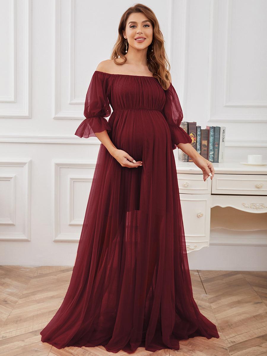 Maxi robe de maternité en tulle plissé à épaules dénudées #Couleur_Bordeaux