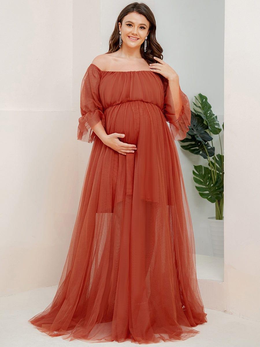 Robe Maxi de Grossesse à Double Jupe en Tulle à Epaules Dénudées de Grande Taille #Couleur_Burnt Orange