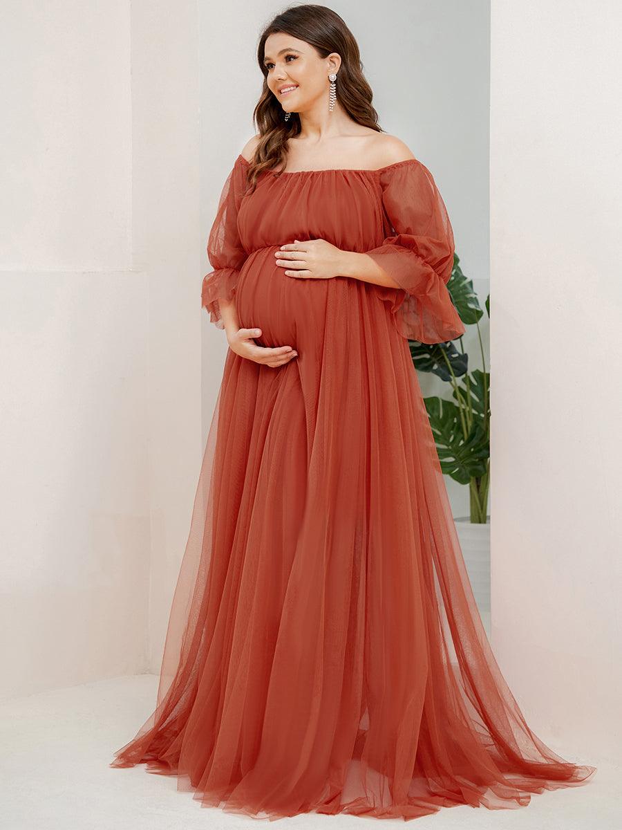 Maxi robe de maternité en tulle plissé à épaules dénudées #Couleur_Burnt Orange