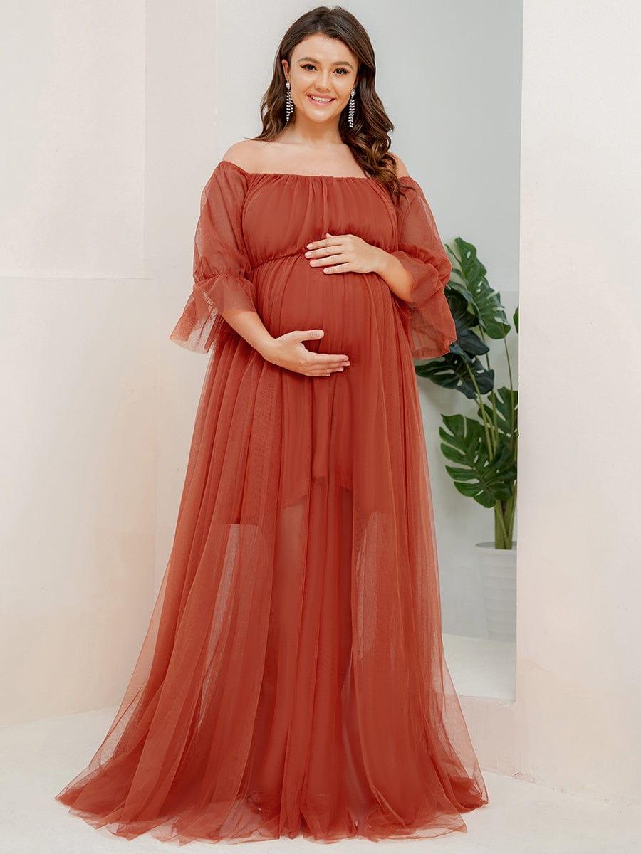 Robe Maxi de Grossesse à Double Jupe en Tulle à Epaules Dénudées de Grande Taille