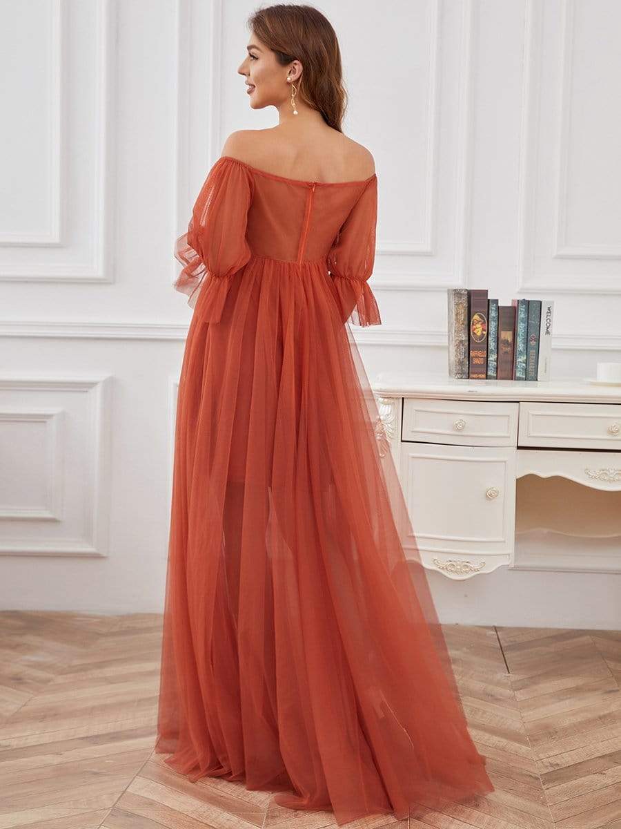 Maxi robe de maternité en tulle plissé à épaules dénudées #Couleur_Burnt Orange