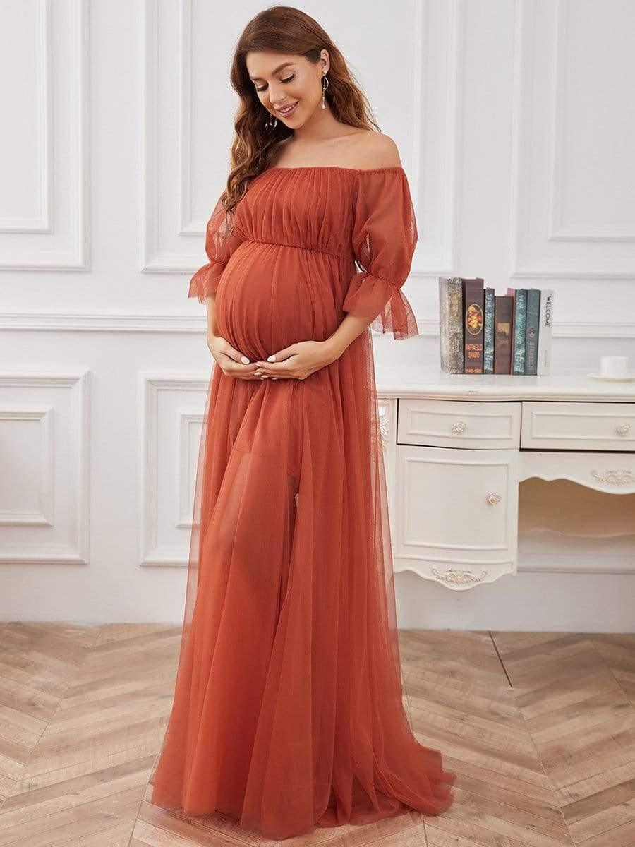Maxi robe de maternité en tulle plissé à épaules dénudées #Couleur_Burnt Orange