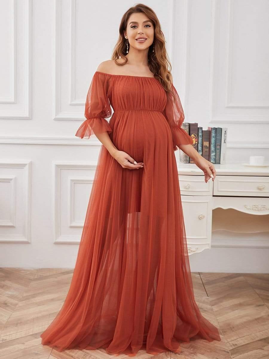 Maxi robe de maternité en tulle plissé à épaules dénudées #Couleur_Burnt Orange