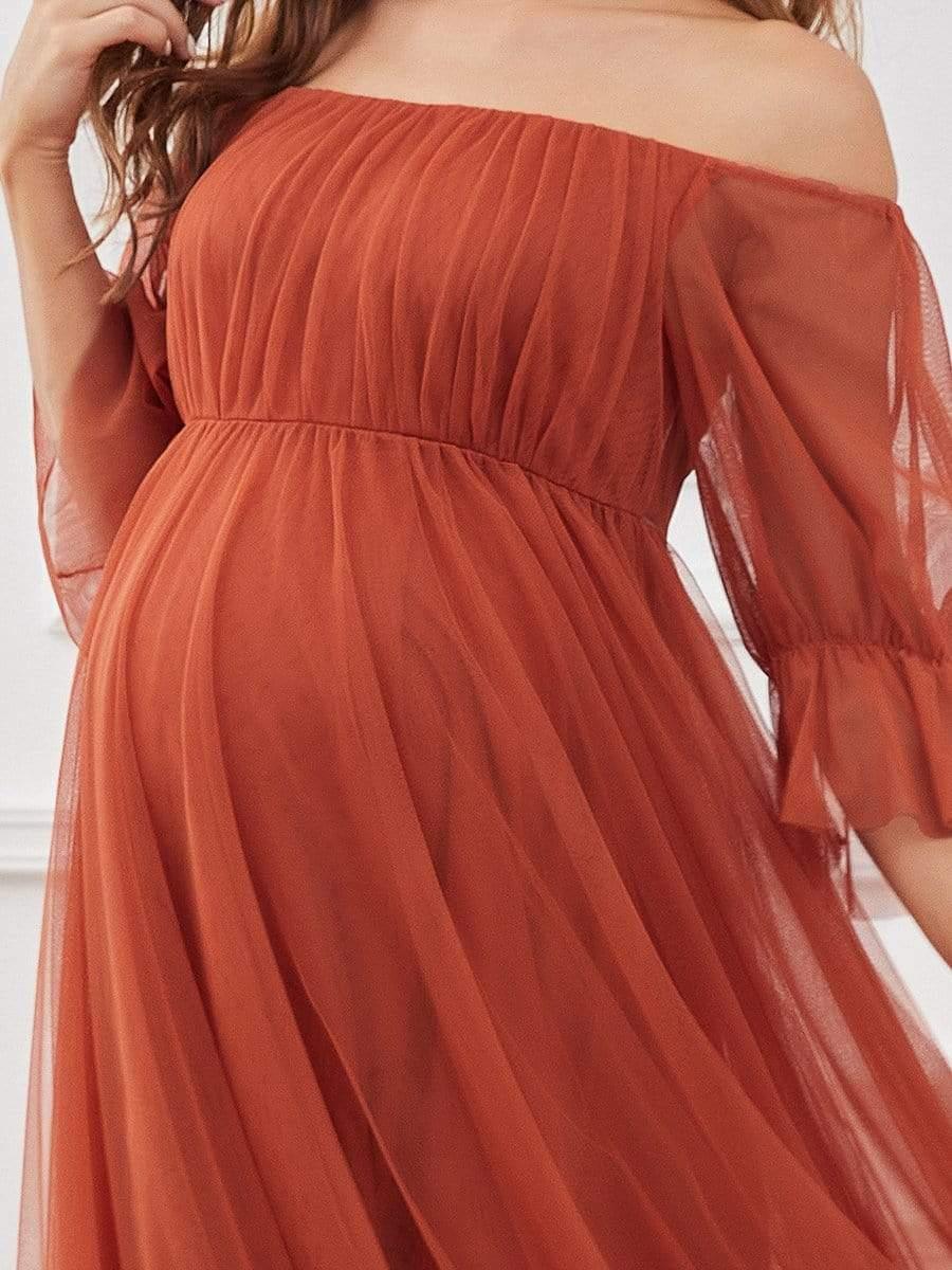 Maxi robe de maternité en tulle plissé à épaules dénudées #Couleur_Burnt Orange