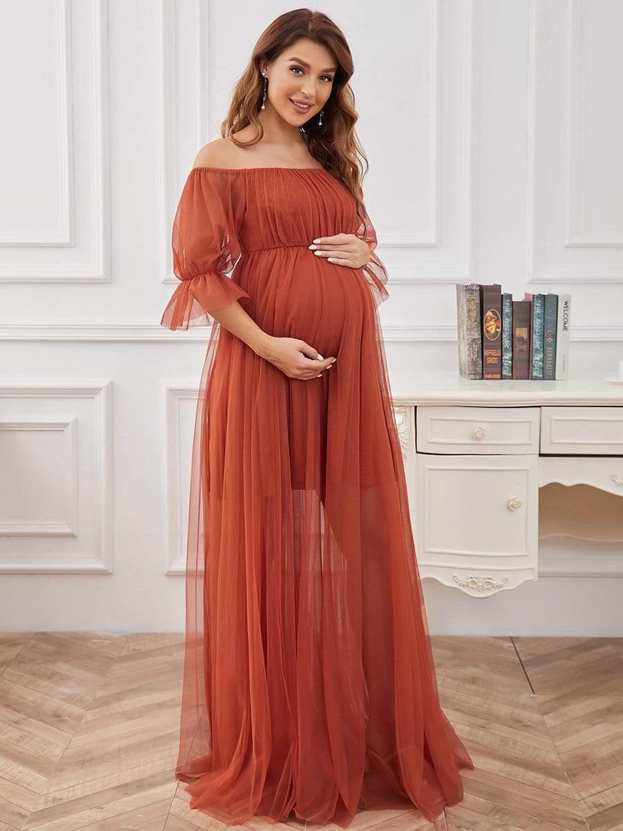 Maxi robe de maternité en tulle plissé à épaules dénudées #Couleur_Burnt Orange