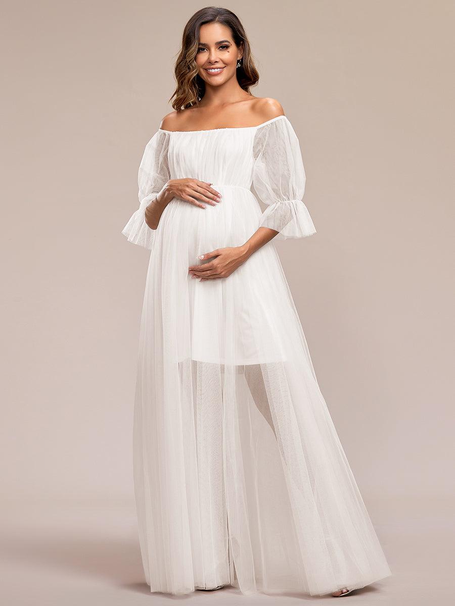 Maxi robe de maternité en tulle plissé à épaules dénudées #Couleur_creme