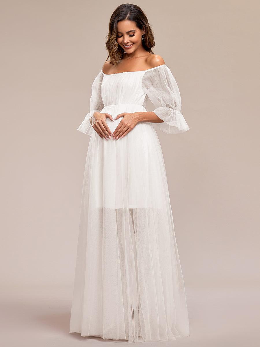 Maxi robe de maternité en tulle plissé à épaules dénudées #Couleur_creme