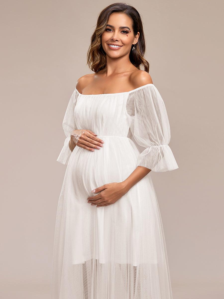 Maxi robe de maternité en tulle plissé à épaules dénudées #Couleur_creme