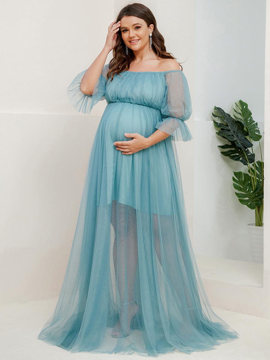 Maxi robe de maternité en tulle plissé à épaules dénudées #Couleur_Bleu Fume