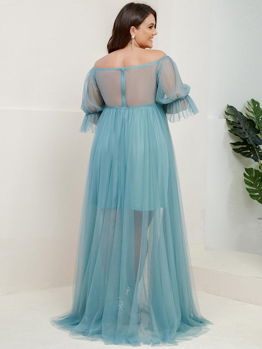 Maxi robe de maternité en tulle plissé à épaules dénudées #Couleur_Bleu Fume