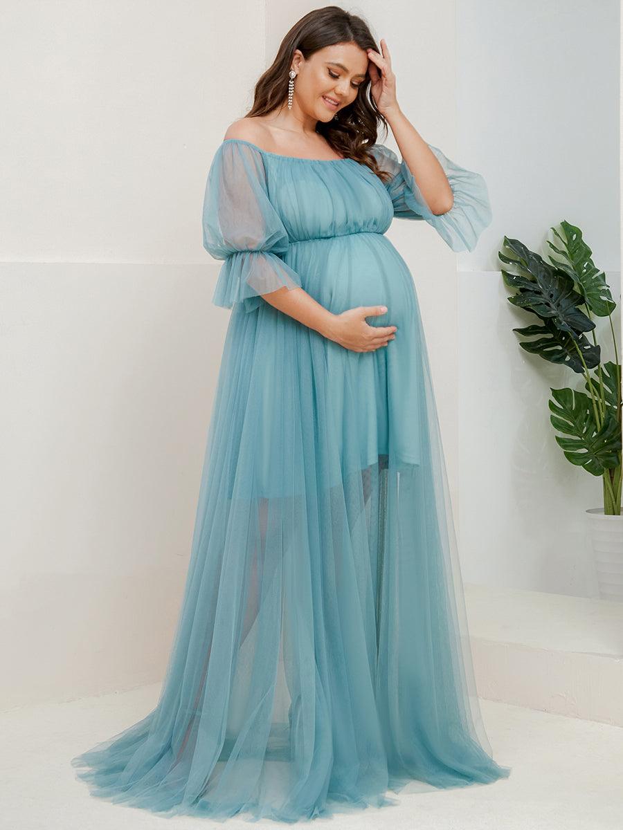 Maxi robe de maternité en tulle plissé à épaules dénudées #Couleur_Bleu Fume