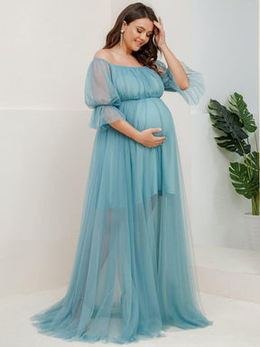 Robe Maxi de Grossesse à Double Jupe en Tulle à Epaules Dénudées de Grande Taille