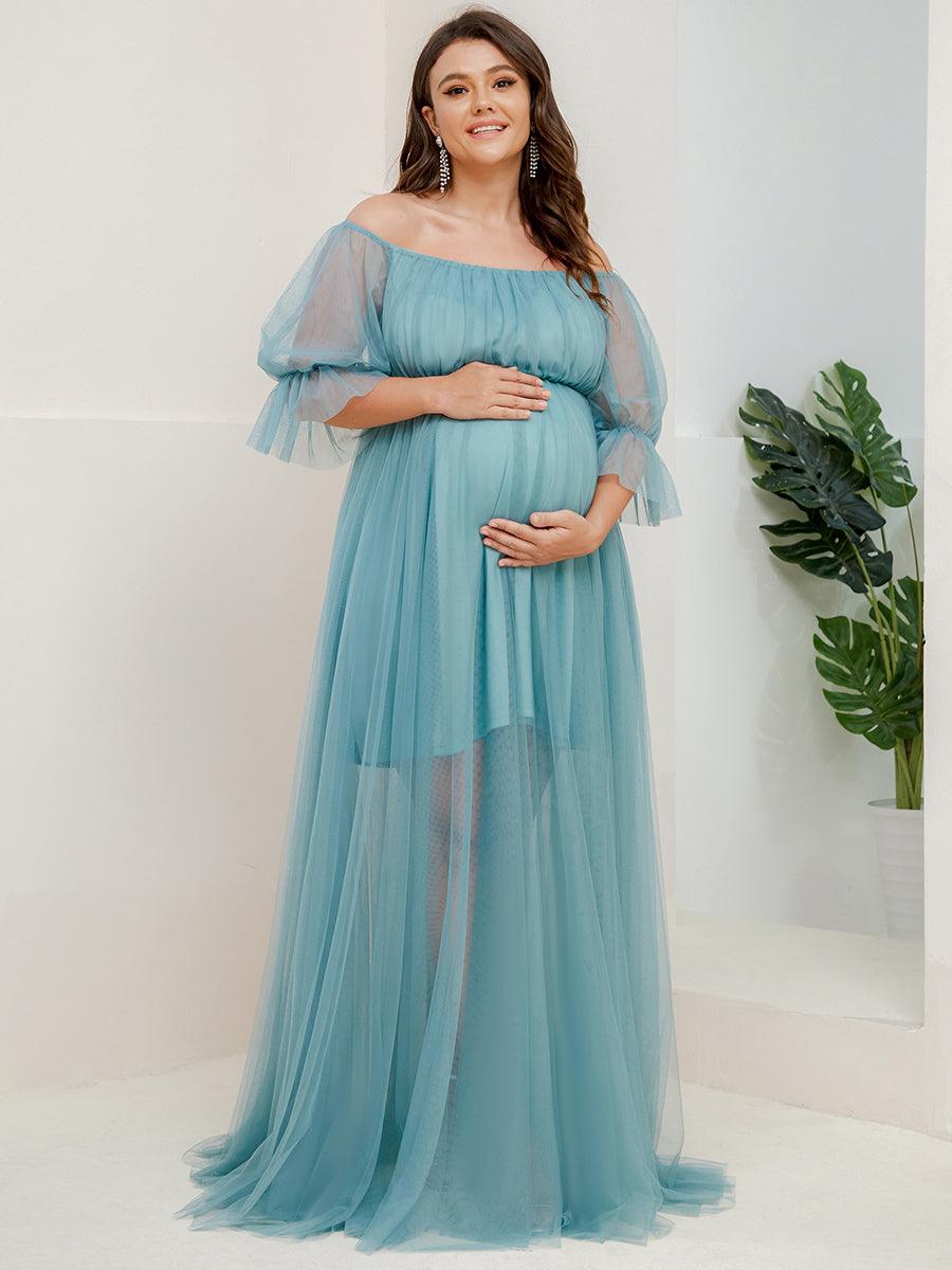 Maxi robe de maternité en tulle plissé à épaules dénudées #Couleur_Bleu Fume