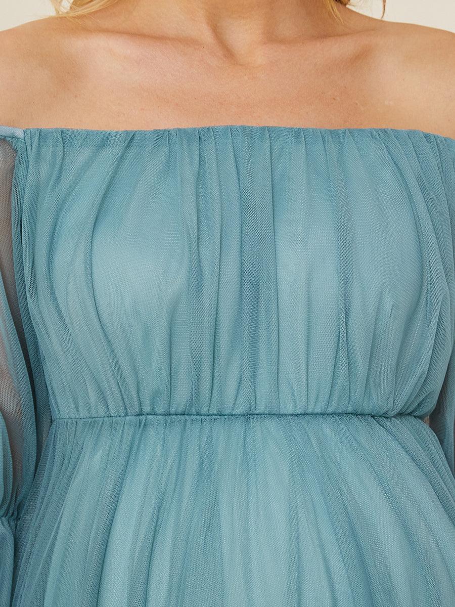 Maxi robe de maternité en tulle plissé à épaules dénudées #Couleur_Bleu Fume