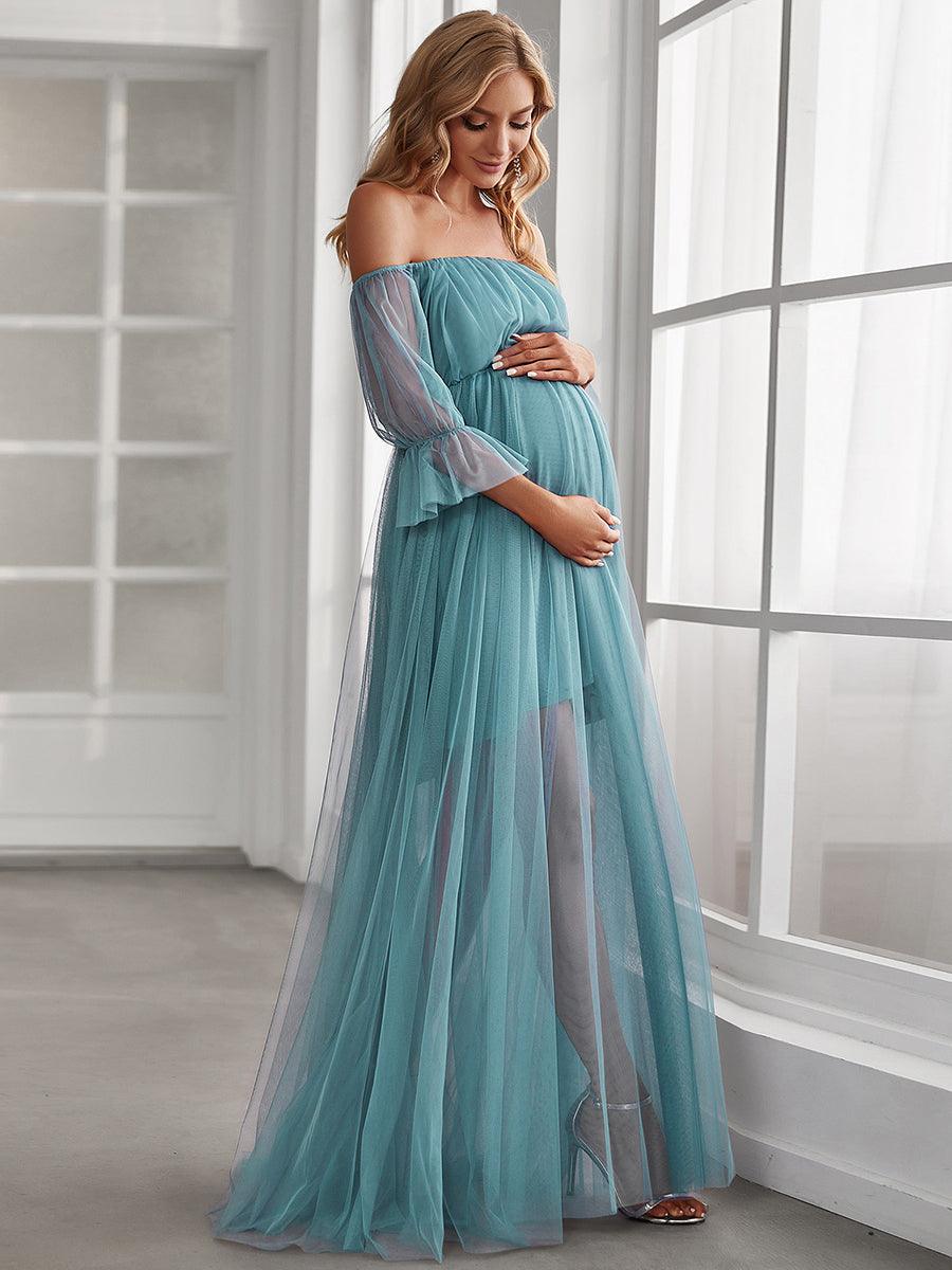 Maxi robe de maternité en tulle plissé à épaules dénudées #Couleur_Bleu Fume