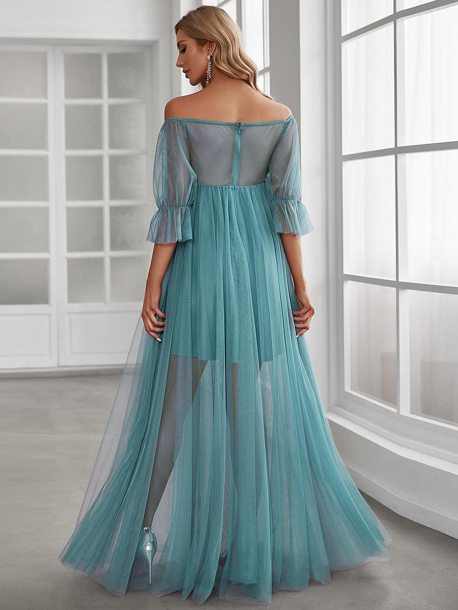 Maxi robe de maternité en tulle plissé à épaules dénudées #Couleur_Bleu Fume