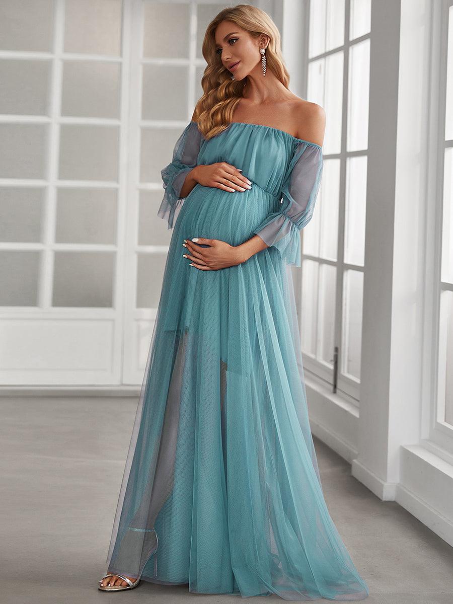 Maxi robe de maternité en tulle plissé à épaules dénudées #Couleur_Bleu Fume