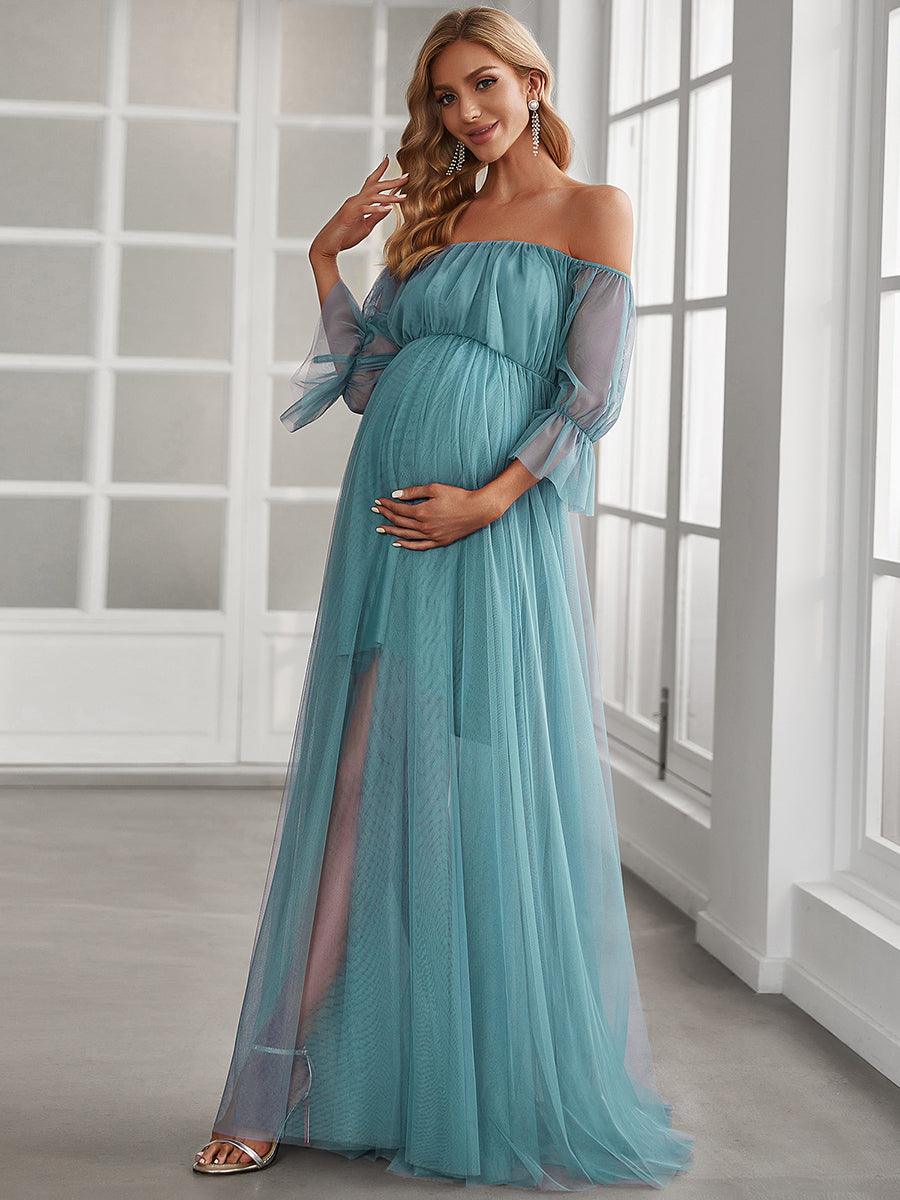 Maxi robe de maternité en tulle plissé à épaules dénudées #Couleur_Bleu Fume