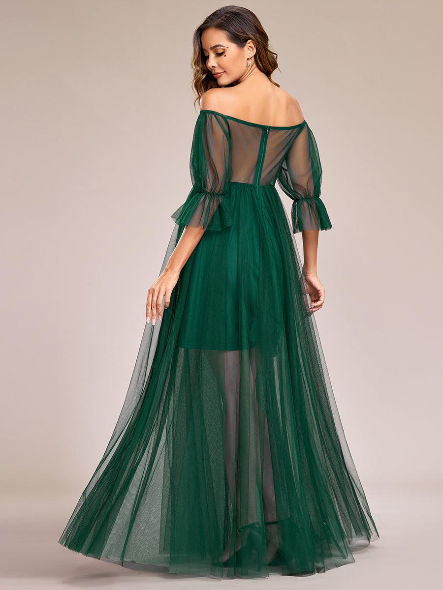 Maxi robe de maternité en tulle plissé à épaules dénudées #Couleur_Vert Fonce
