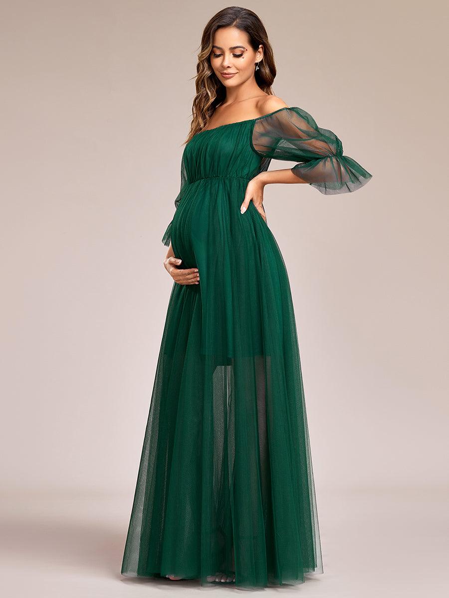 Maxi robe de maternité en tulle plissé à épaules dénudées #Couleur_Vert Fonce