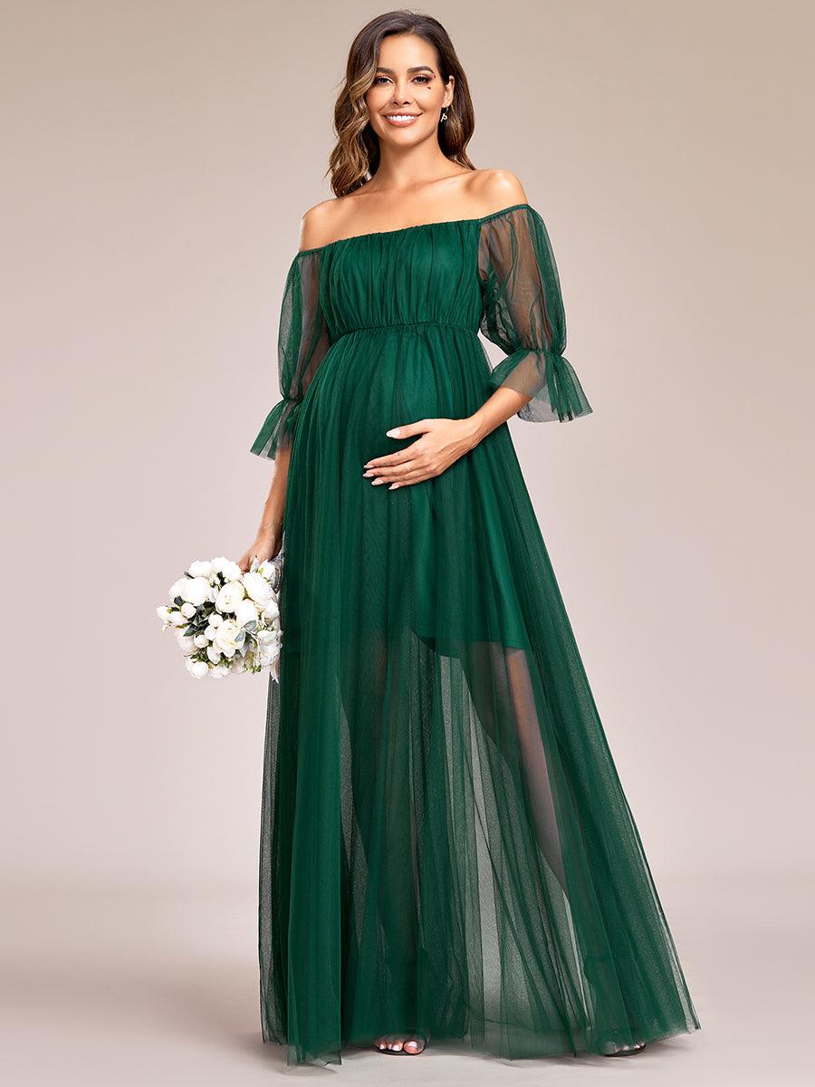 Maxi robe de maternité en tulle plissé à épaules dénudées #Couleur_Vert Fonce