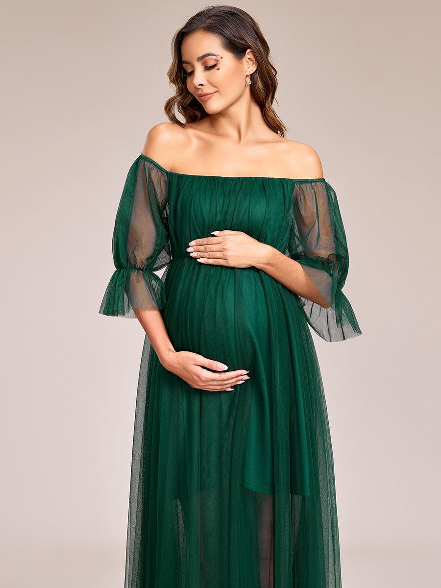 Maxi robe de maternité en tulle plissé à épaules dénudées #Couleur_Vert Fonce