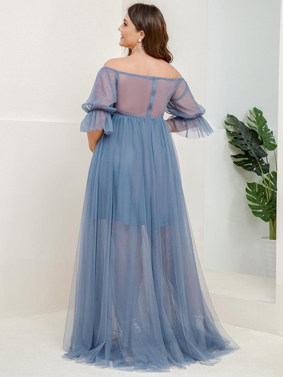 Maxi robe de maternité en tulle plissé à épaules dénudées #Couleur_Marine Fume
