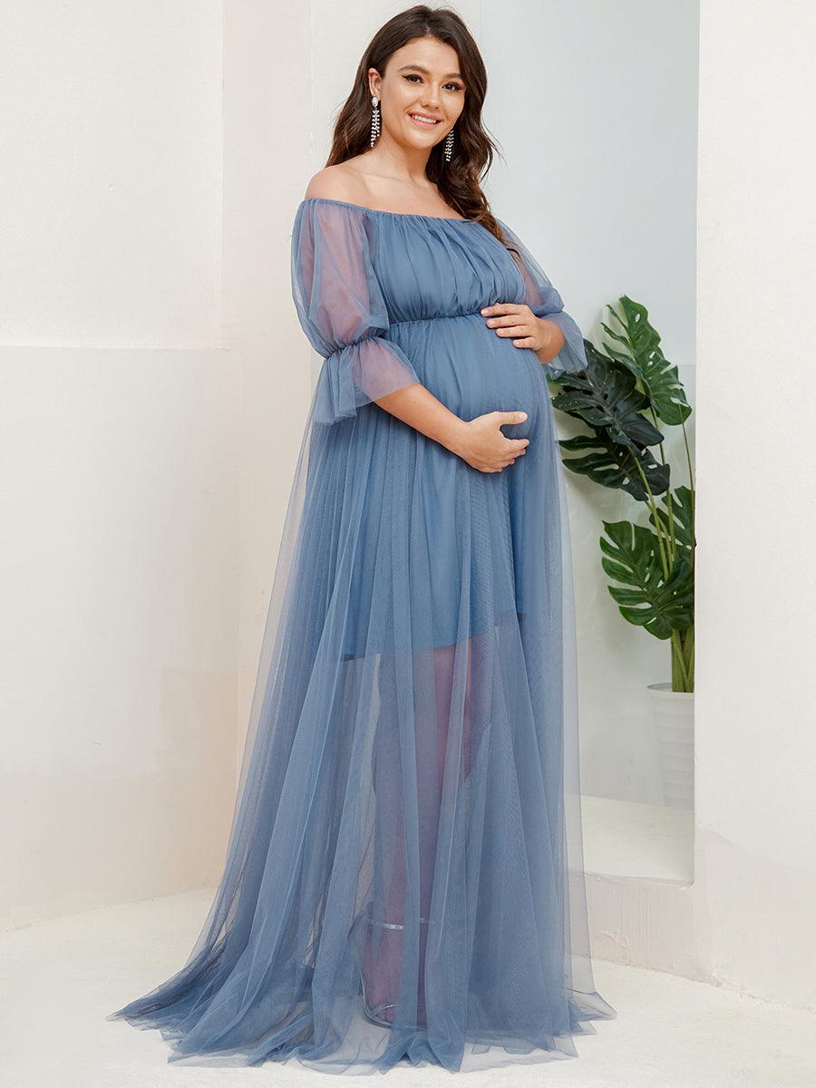 Maxi robe de maternité en tulle plissé à épaules dénudées #Couleur_Marine Fume