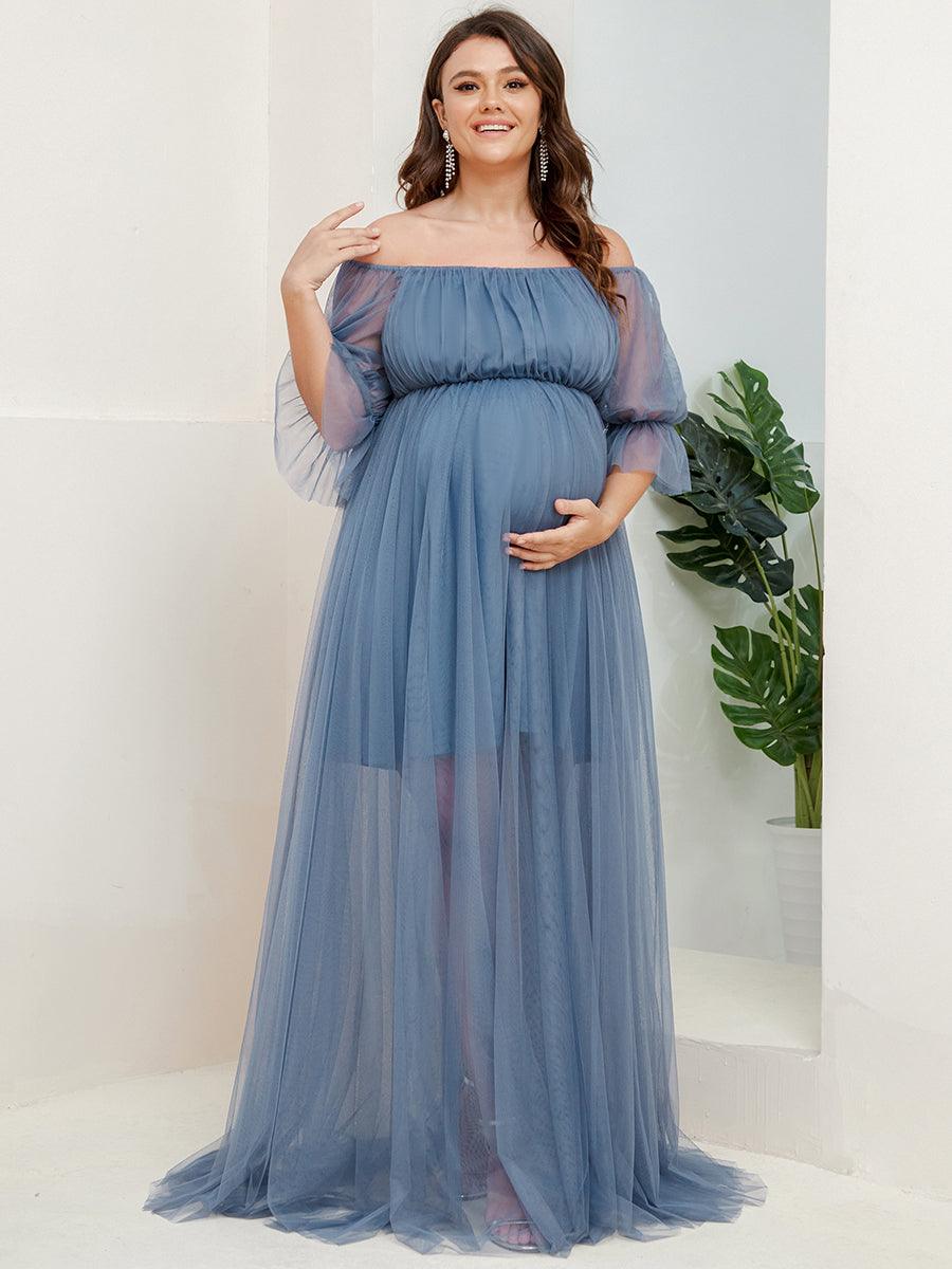 Maxi robe de maternité en tulle plissé à épaules dénudées #Couleur_Marine Fume