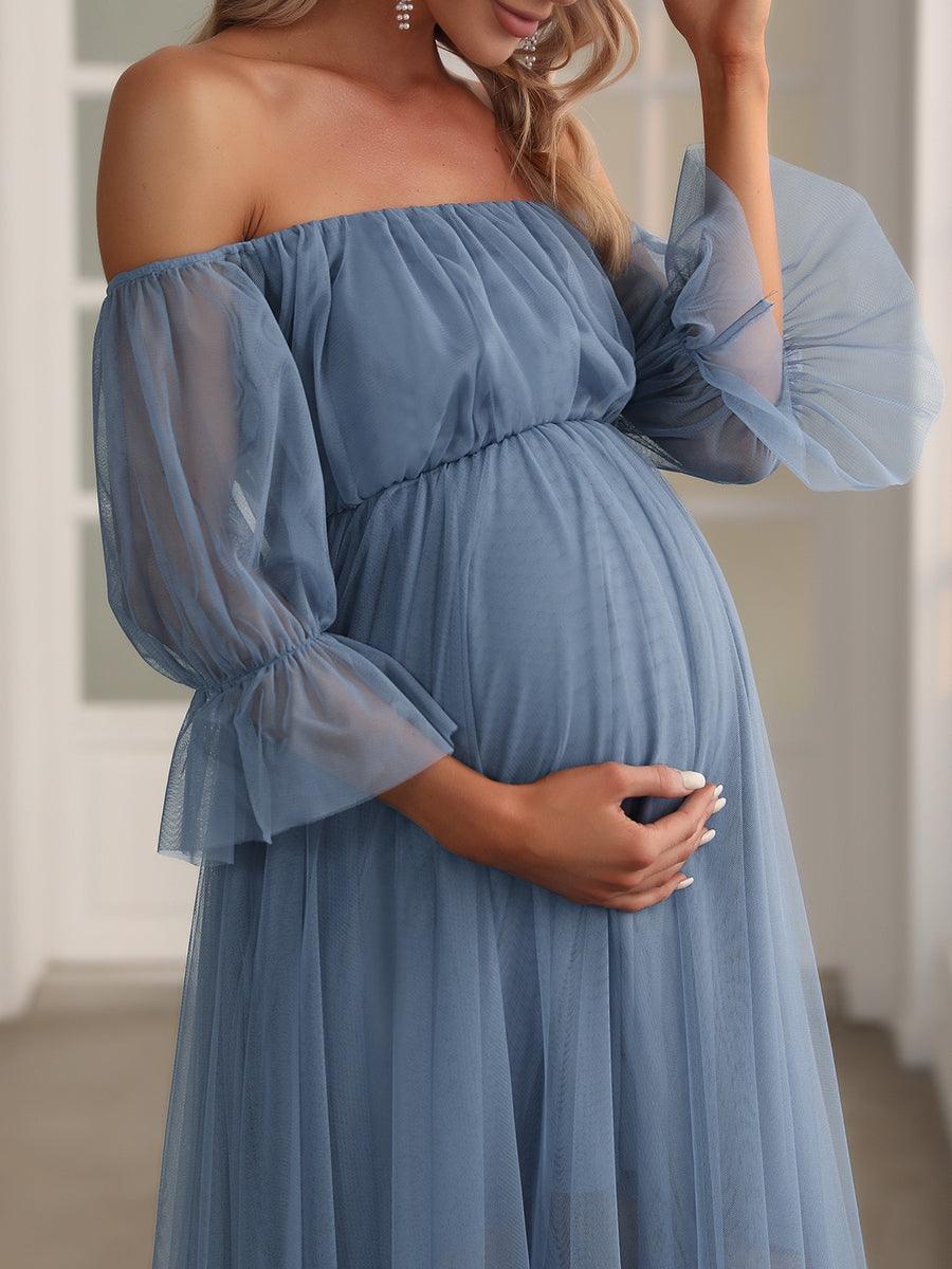 Maxi robe de maternité en tulle plissé à épaules dénudées #Couleur_Marine Fume