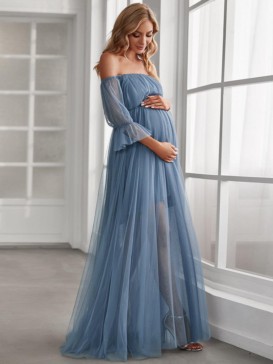 Maxi robe de maternité en tulle plissé à épaules dénudées #Couleur_Marine Fume