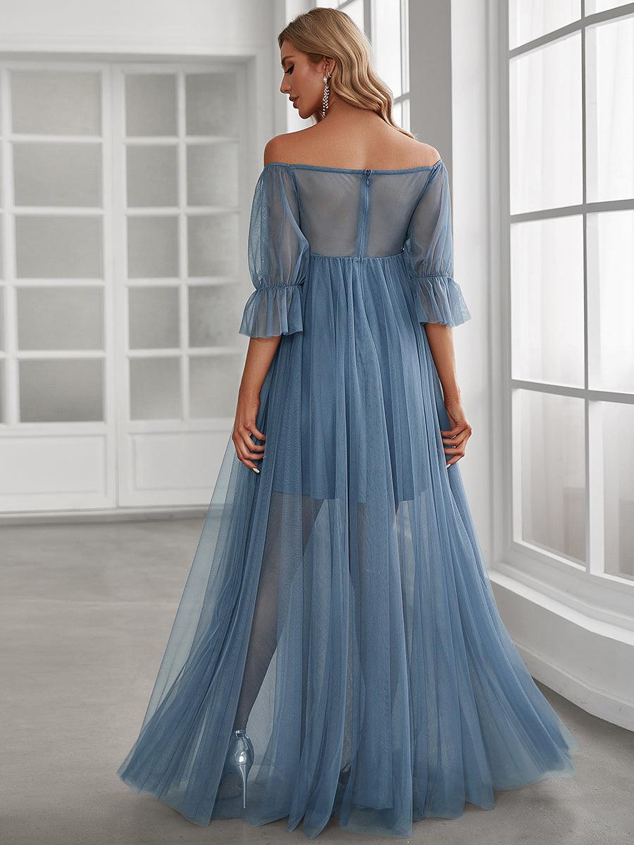 Maxi robe de maternité en tulle plissé à épaules dénudées #Couleur_Marine Fume