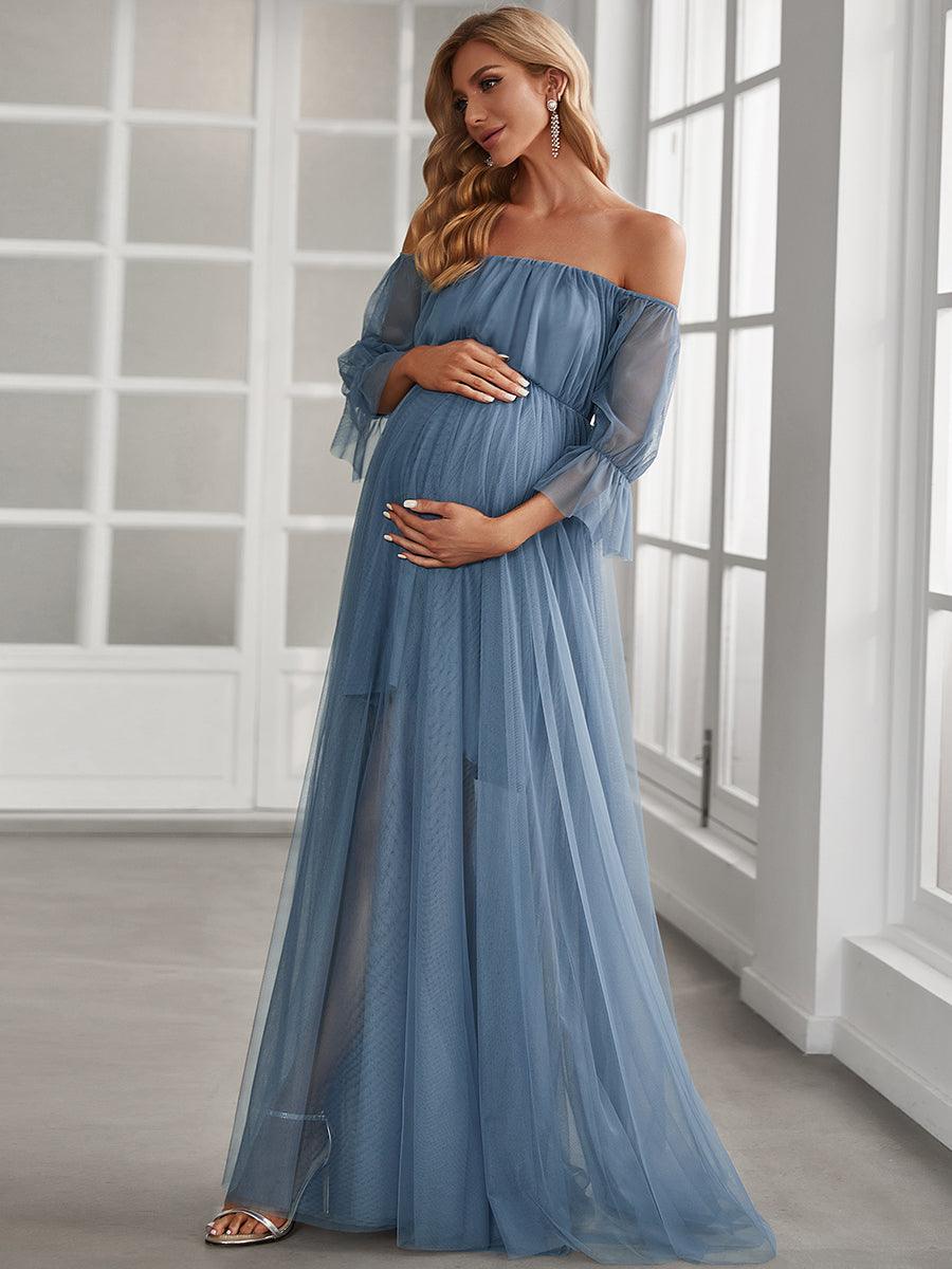 Maxi robe de maternité en tulle plissé à épaules dénudées #Couleur_Marine Fume