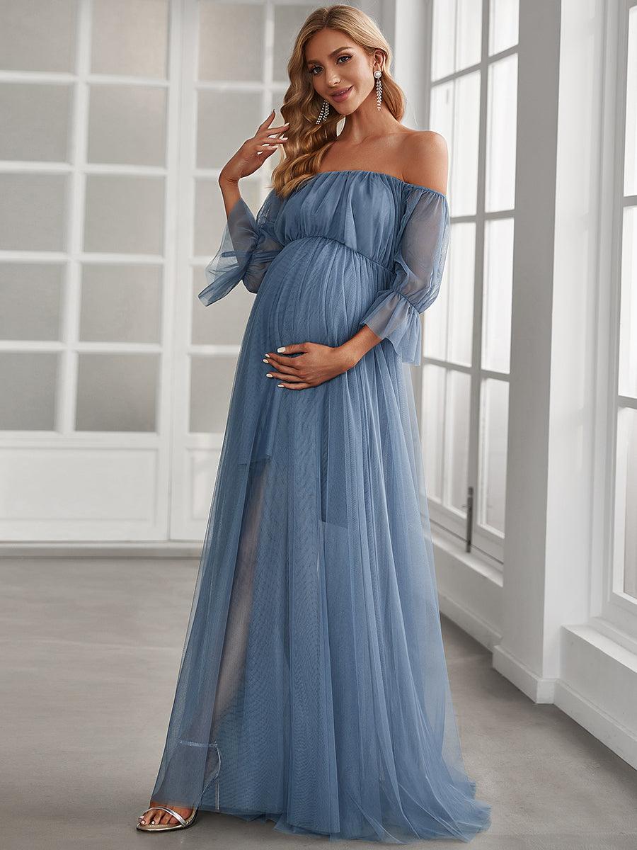 Maxi robe de maternité en tulle plissé à épaules dénudées #Couleur_Marine Fume