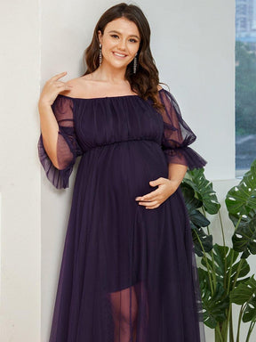 Robe Maxi de Grossesse à Double Jupe en Tulle à Epaules Dénudées de Grande Taille