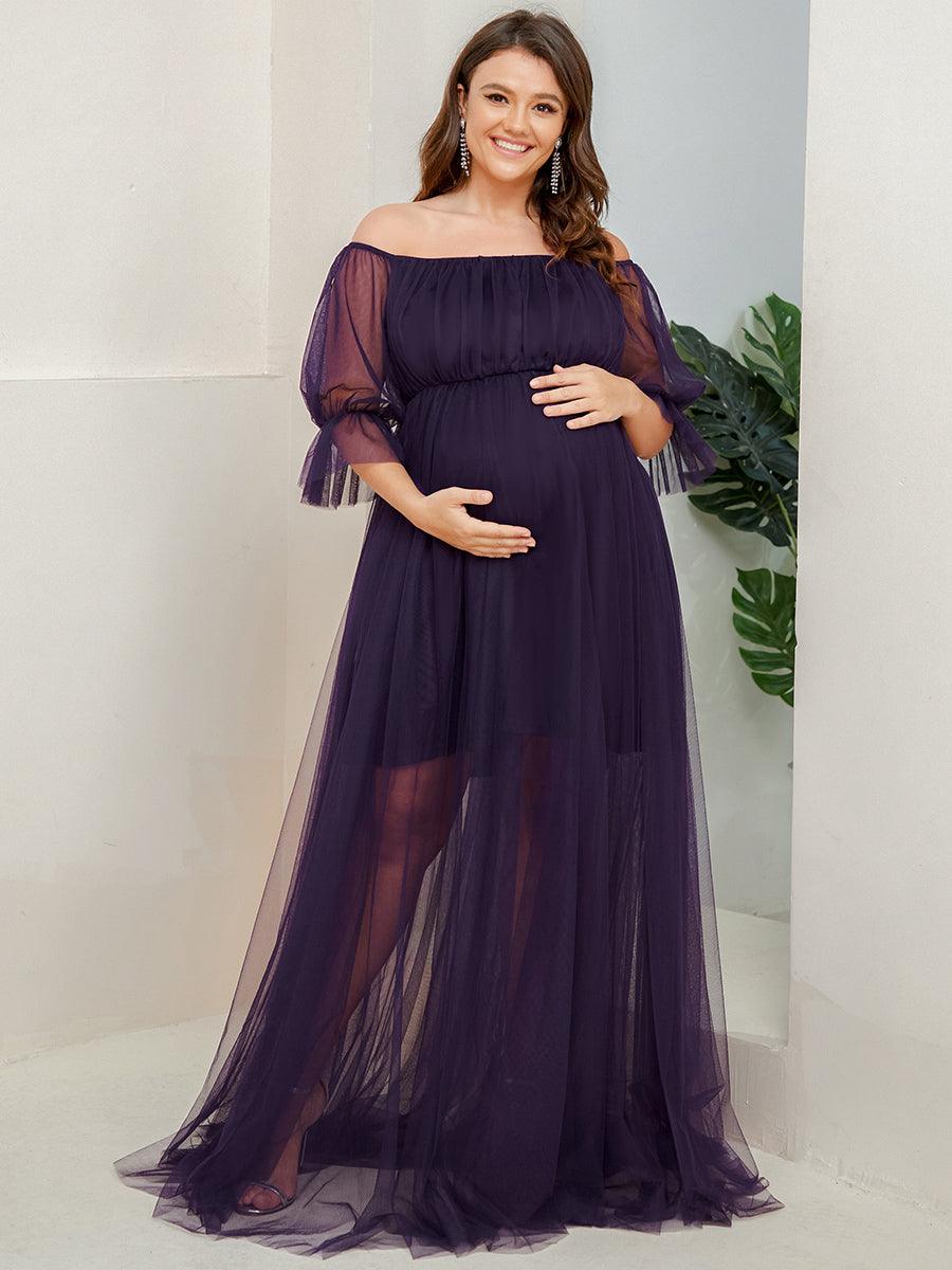 Maxi robe de maternité en tulle plissé à épaules dénudées #Couleur_Violet Fonce
