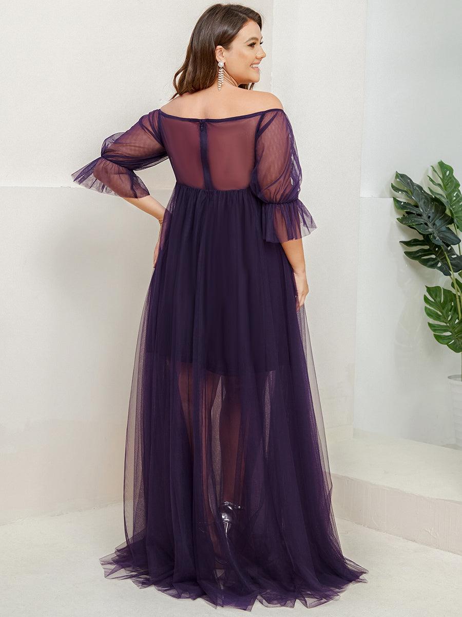 Maxi robe de maternité en tulle plissé à épaules dénudées #Couleur_Violet Fonce