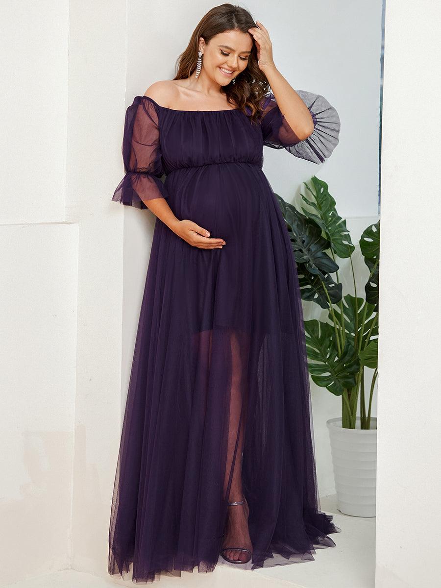 Maxi robe de maternité en tulle plissé à épaules dénudées #Couleur_Violet Fonce