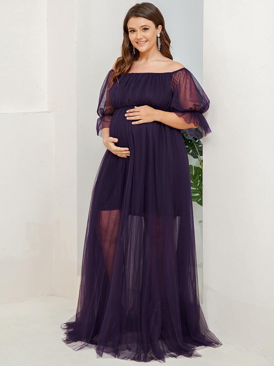 Maxi robe de maternité en tulle plissé à épaules dénudées #Couleur_Violet Fonce