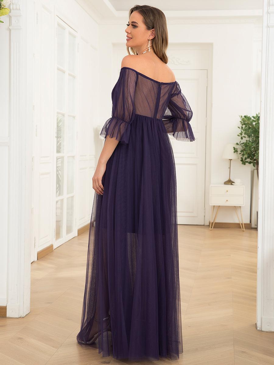 Maxi robe de maternité en tulle plissé à épaules dénudées #Couleur_Violet Fonce