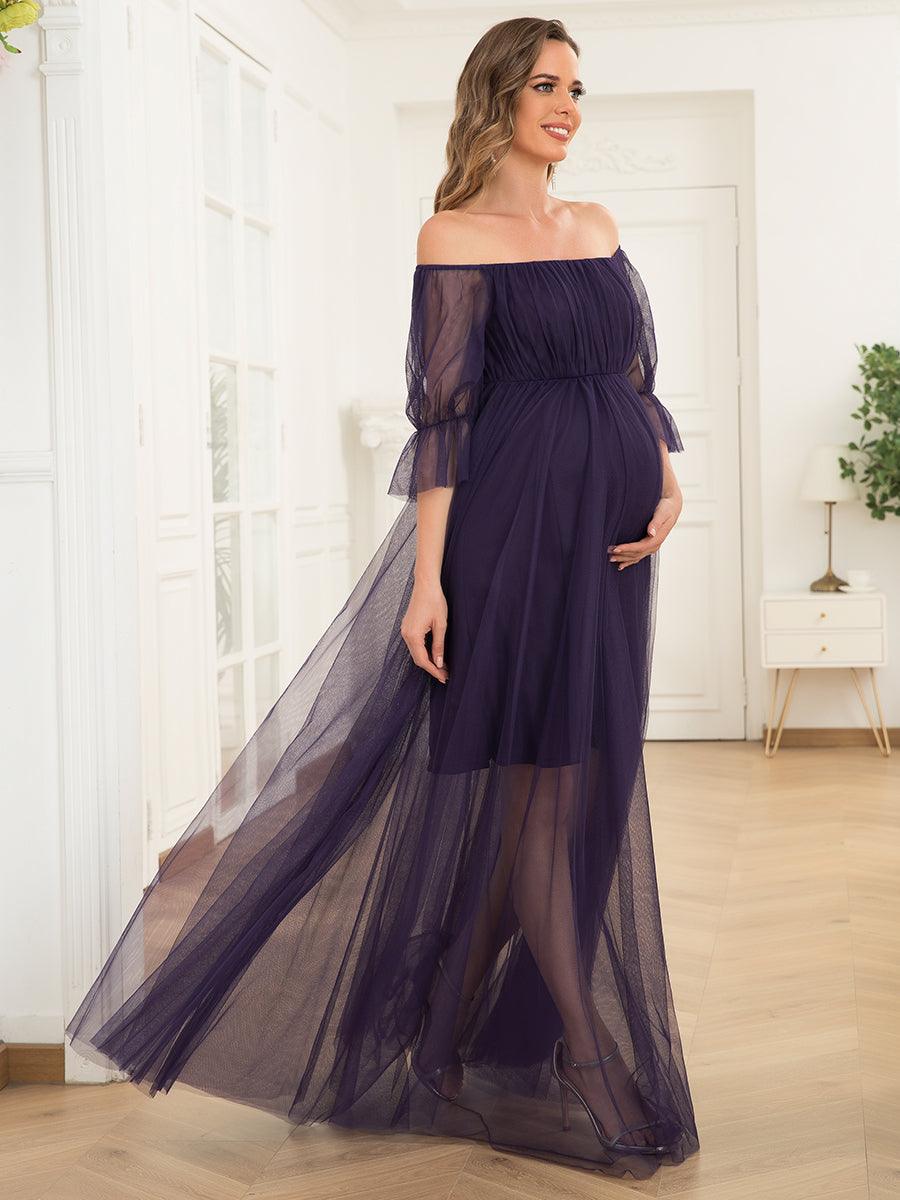 Maxi robe de maternité en tulle plissé à épaules dénudées #Couleur_Violet Fonce