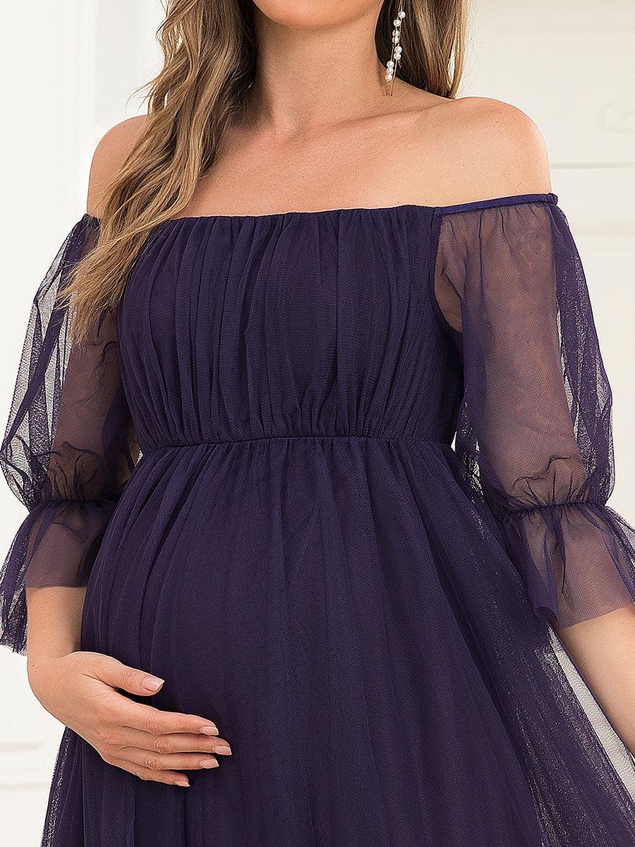 Maxi robe de maternité en tulle plissé à épaules dénudées #Couleur_Violet Fonce