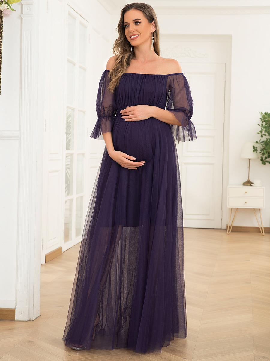 Maxi robe de maternité en tulle plissé à épaules dénudées #Couleur_Violet Fonce