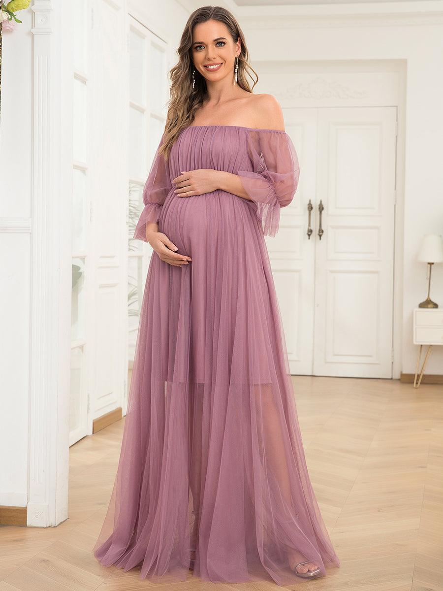 Maxi robe de maternité en tulle plissé à épaules dénudées #Couleur_Orchidee