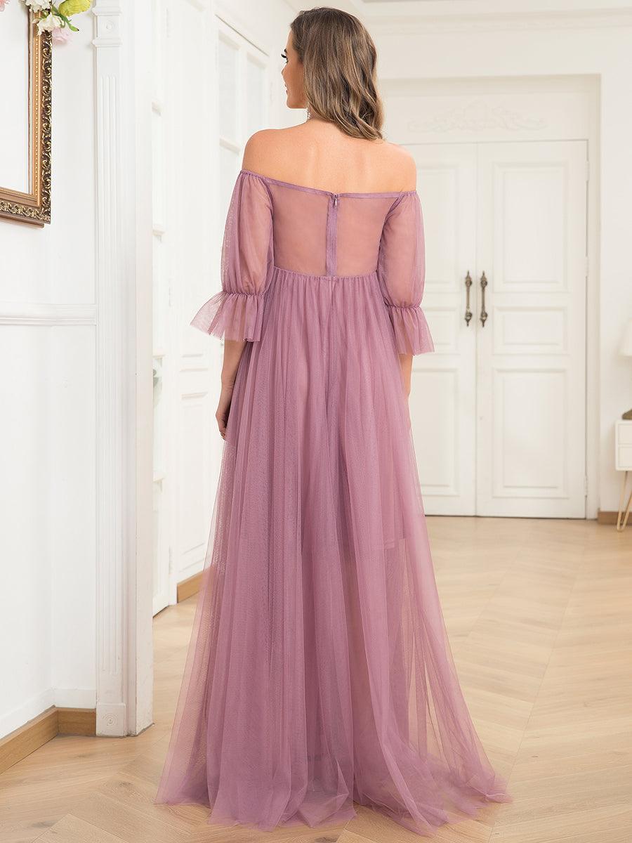 Maxi robe de maternité en tulle plissé à épaules dénudées #Couleur_Orchidee