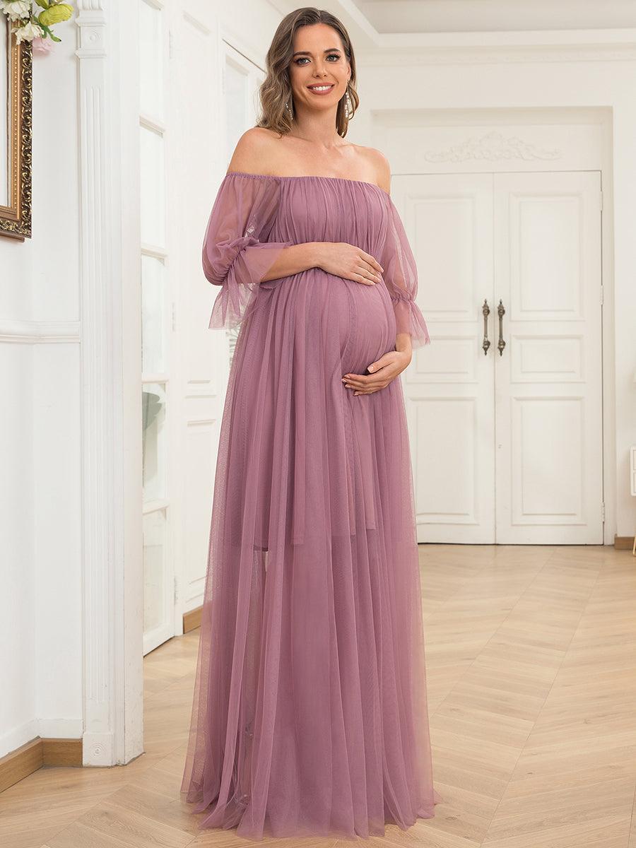 Maxi robe de maternité en tulle plissé à épaules dénudées #Couleur_Orchidee